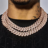 20mm Moissanite Monaco Chain in rose gold 925 silver with VVS1 stones on model's neck