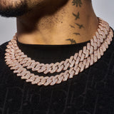 20mm Moissanite Monaco Chain rose gold 925 silver VVS1 on man wearing black shirt