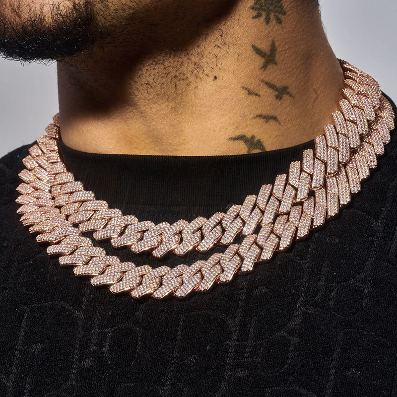 20mm Moissanite Monaco Chain rose gold 925 silver VVS1 on man wearing black shirt