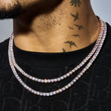 5mm Moissanite tennis chain in rose gold plated 925 silver worn on neck with sparkling round cut stones