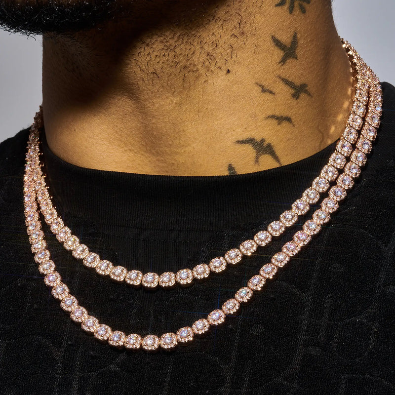 Micro Moissanite clustered tennis chain necklace in rose gold with sparkling 925 silver stones
