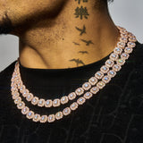 10mm Moissanite Clustered Tennis Chain in rose gold with sparkling stones on neck