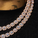 10mm Moissanite clustered tennis chain in rose gold with 925 silver setting and VVS1 quality stones worn on neck