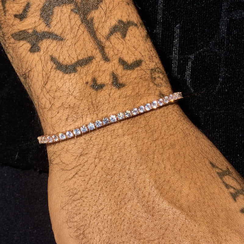 3mm Moissanite tennis bracelet in rose gold plated 925 silver on wrist with sparkling round stones