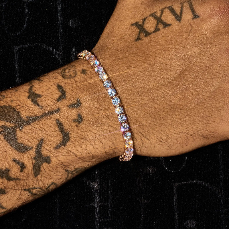 5mm moissanite tennis bracelet in rose gold on tattooed wrist sparkling bright
