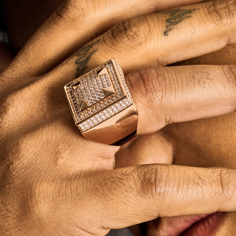 Moissanite Square Paved Ring in rose gold with 925 silver and pavé diamonds on finger