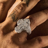 925 silver Moissanite Fleur Cross Ring with VVS1 D colour stones on hand