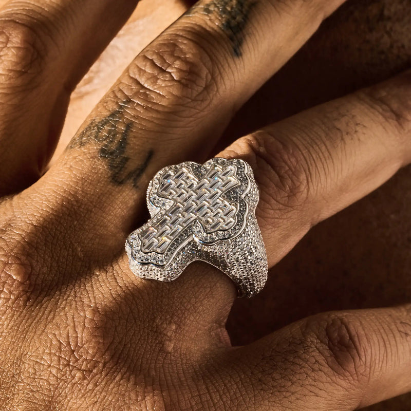 925 silver Moissanite Fleur Cross Ring with VVS1 D colour stones on hand