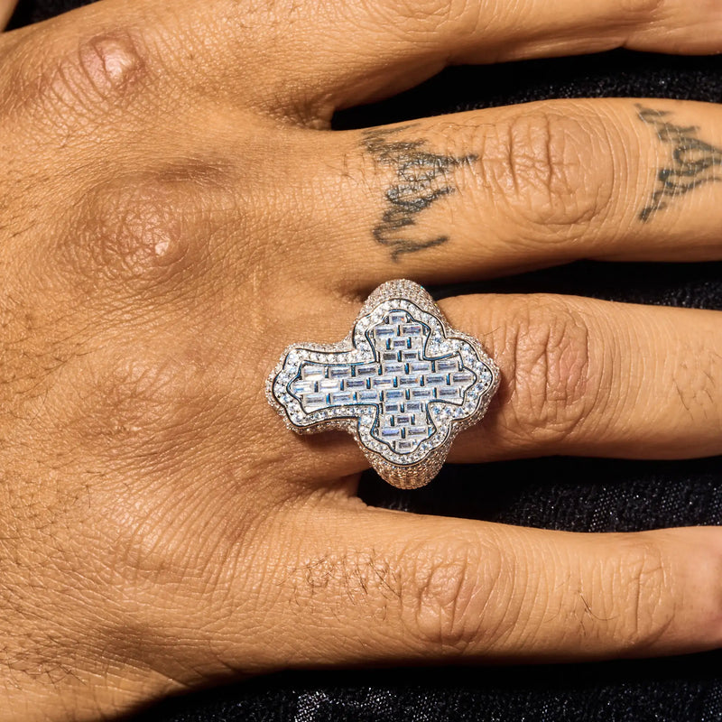 Moissanite Fleur Cross Ring in 925 silver with D color VVS1 stones worn on hand