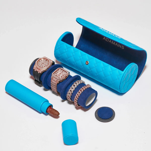 Blue leather travel watch roll with watches and bracelets, premium top grain leather case with adjustable shoulder strap by Adamans