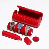 Red leather travel watch roll with three luxury watches and adjustable shoulder strap accessory