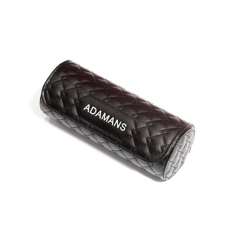 Black premium leather travel watch roll with quilted design and ADAMANS logo