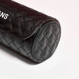 black premium top grain leather travel watch roll with quilted design and adjustable strap