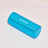 Blue leather travel watch roll with quilted pattern and Adamans logo