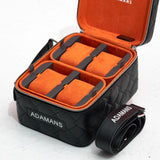 black small leather travel jewellery case with orange suede trays and adjustable shoulder strap by Adamans