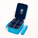 Small blue leather travel jewellery case with stackable suede trays and adjustable shoulder strap by Adamans