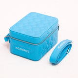 Small blue leather travel jewellery case with quilted pattern and detachable adjustable shoulder strap by Adamans