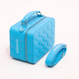 Blue small leather travel jewellery case with quilted design and adjustable shoulder strap by Adamans