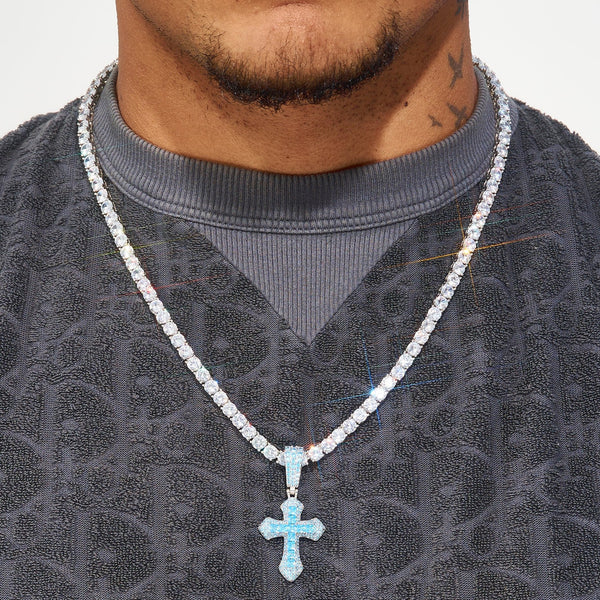 Iced Blue Celtic Cross Pendant in White Gold on chain, featuring diamond simulants.