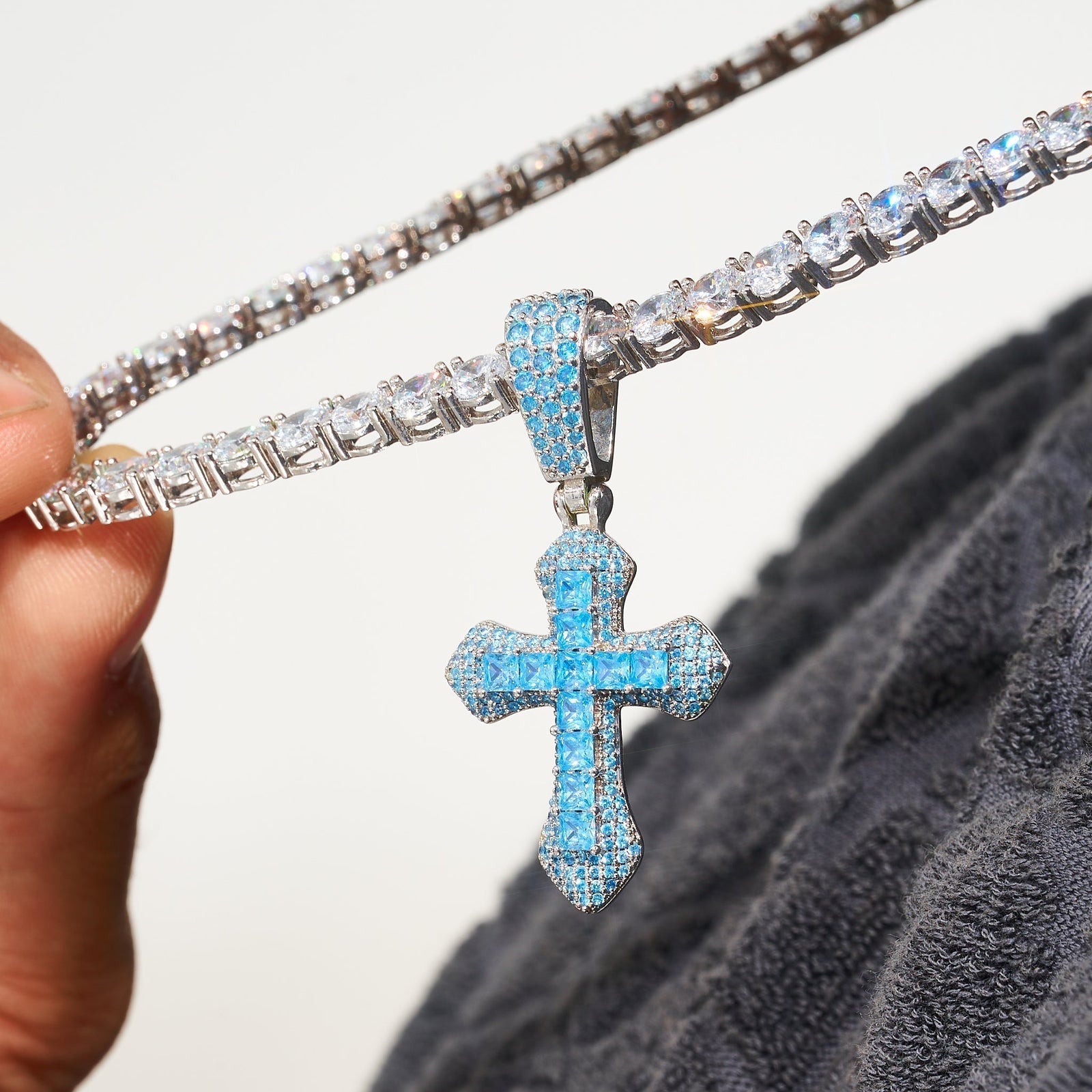 Iced Blue Celtic Cross Pendant - White Gold – ADAMANS