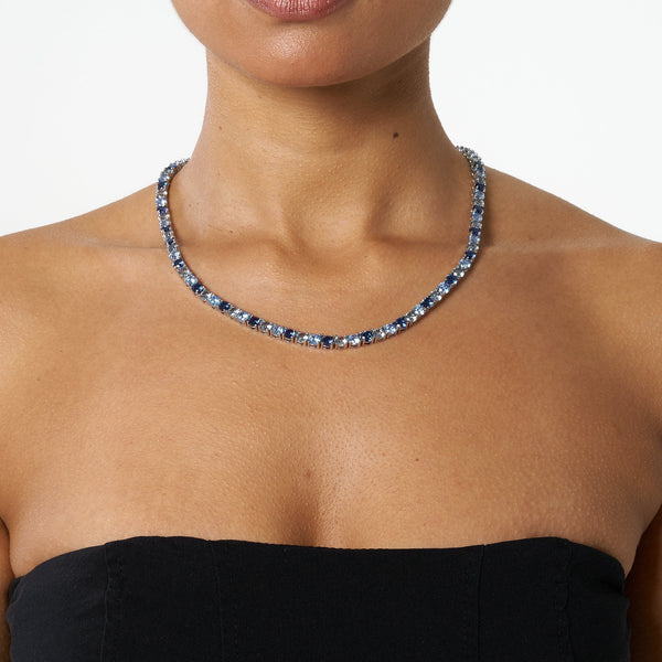 5mm tri-blue diamond tennis chain necklace in white gold worn on model