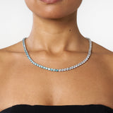 5mm pale blue and white tennis chain necklace on neck white gold plated