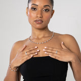 woman wearing 5mm iced and plain two tone ball chain necklace with matching bracelet and rings