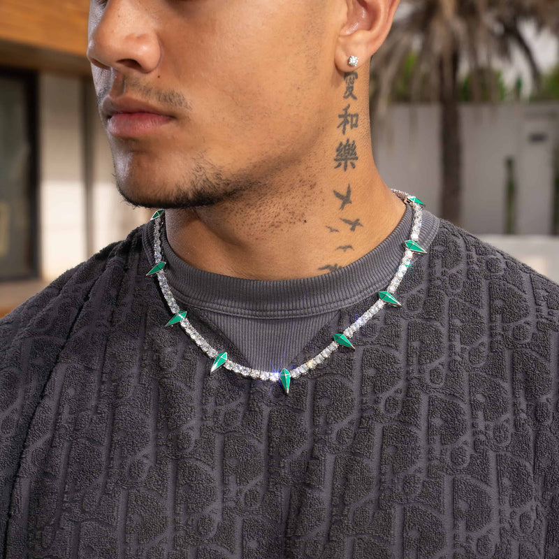 5mm Pave Spike Tennis Chain - White Gold with Green