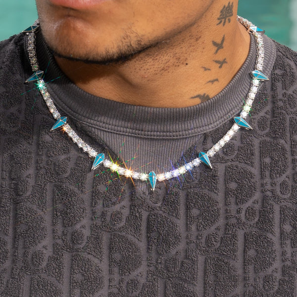 5mm BLUE PAVE SPIKE TENNIS CHAIN - WHITE GOLD