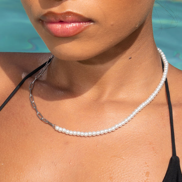 4mm Half Pearl & Large Rolo Necklace - White Gold (WOMENS)