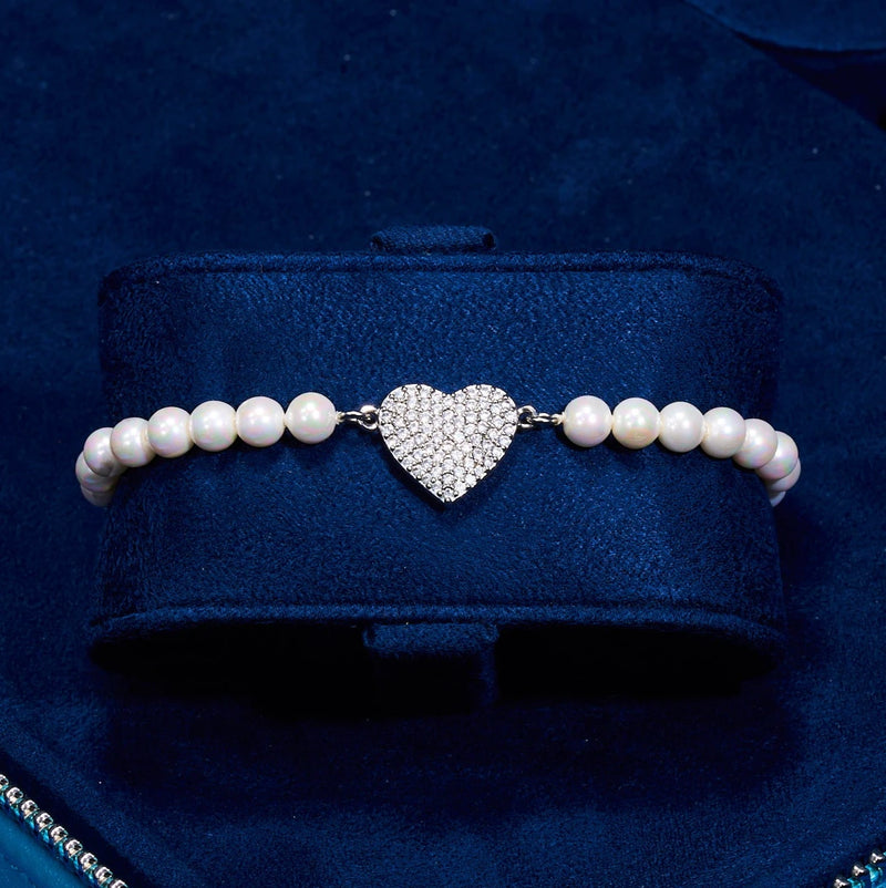 5mm Iced Heart Motif Pearl Bracelet - White Gold