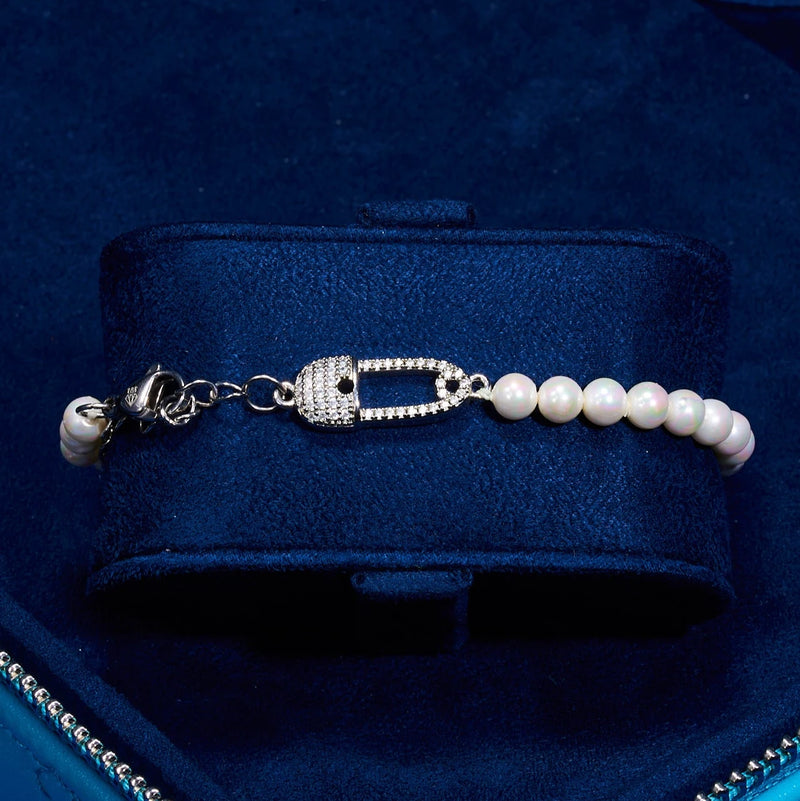 5mm Iced Paper Clip Pearl Bracelet - White Gold