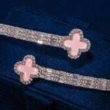 8MM Pink Motif Baguette Bangle in white gold with pink stones and diamonds on navy background
