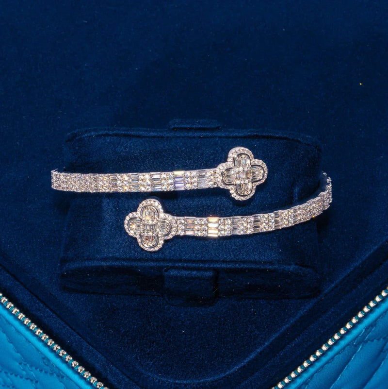 8MM Moissanite Iced Motif Baguette Bangle in 925 silver with white gold plating and VVS1 D color stones