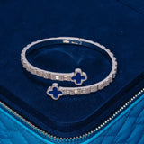 8MM Moissanite Blue Motif baguette bangle in 925 silver with D color VVS1 stones and white gold plating on blue background