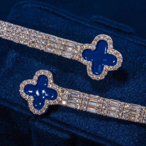 8MM Moissanite Blue Motif baguette bangle in white gold plated 925 silver with VVS D color stones