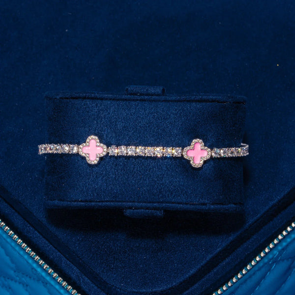 3MM moissanite pink motif tennis bracelet in 925 silver with D color VVS1 stones in a blue jewelry box