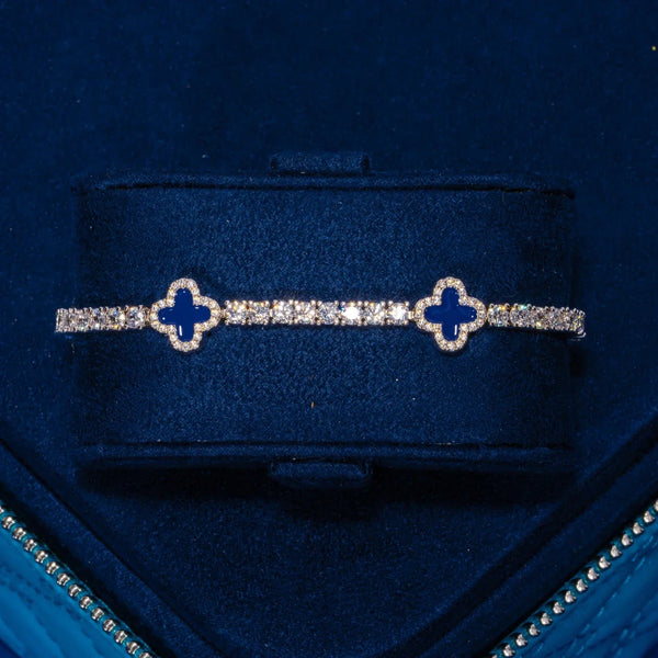 3MM Moissanite Blue Motif Tennis Bracelet in 925 silver with blue motif and clear stones in a velvet box