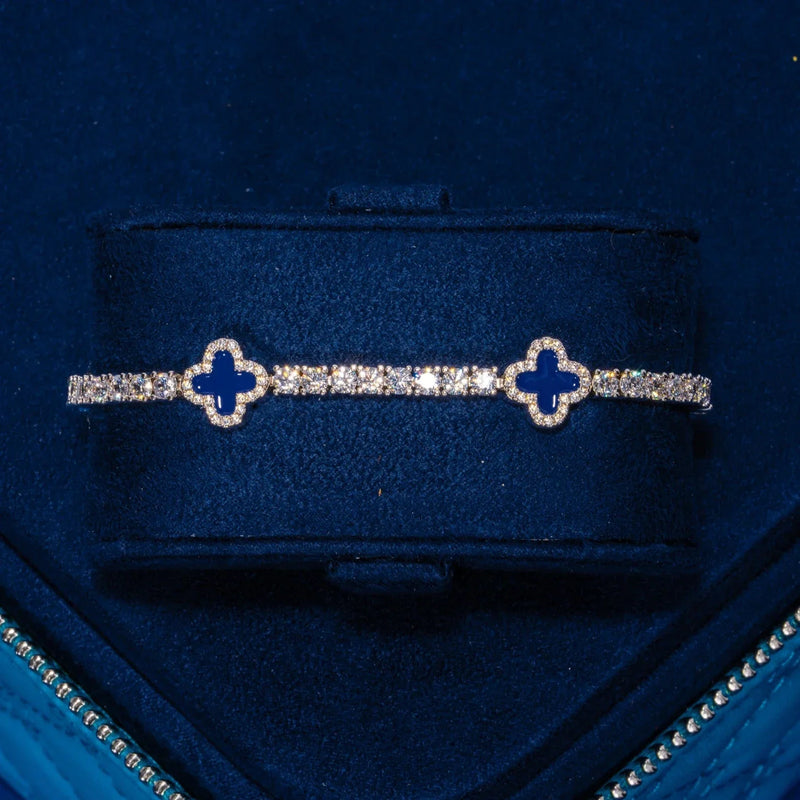 3MM Moissanite Blue Motif Tennis Bracelet in 925 silver with blue motif and clear stones in a velvet box