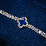 3MM Moissanite Blue Motif Tennis Bracelet in 925 silver with blue clover motif and sparkling stones