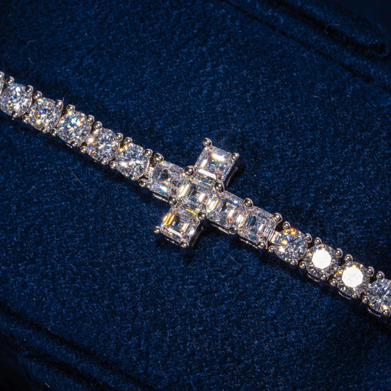 3MM Tennis Cross Bracelet in white gold with sparkling CZ stones on dark blue background