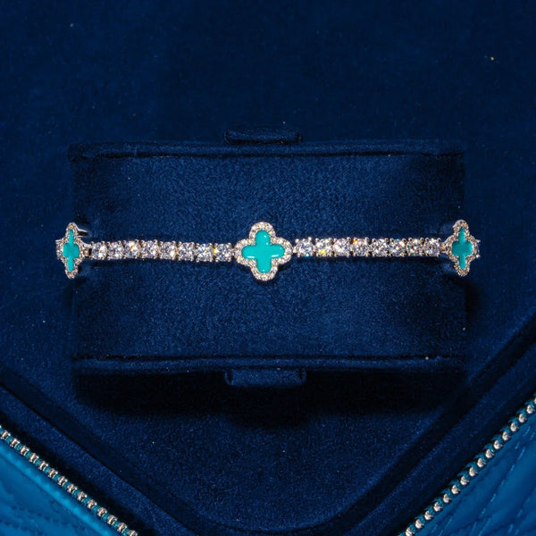 3MM Moissanite Green Motif Tennis Bracelet in 925 silver with green stones and diamond accents in a velvet box