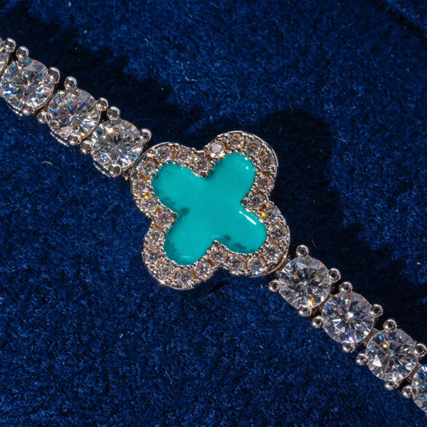 3MM Moissanite Green Motif Tennis Bracelet with green clover design and clear stones on silver setting