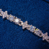 3MM Moissanite Round and Star iced tennis bracelet in 925 silver with D color VVS1 stones on blue fabric background