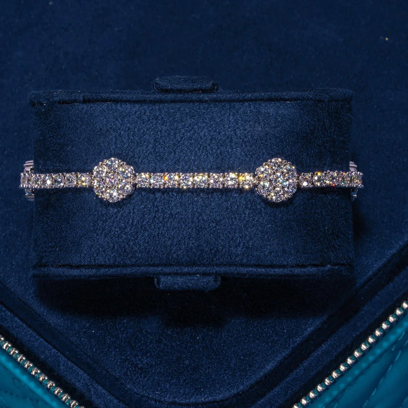 Moissanite Cluster Hexagon Tennis Bracelet in 925 Silver with D Colour and VVS1 stones displayed in jewelry box