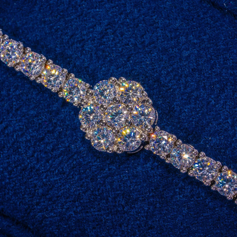 Moissanite Cluster Hexagon Tennis Bracelet in 925 silver with D colour VVS1 stones on blue background