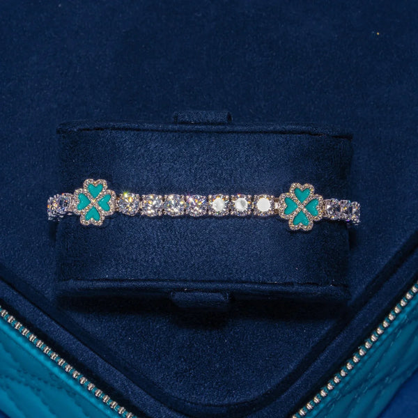 5MM Moissanite Blue Clover Tennis Bracelet in 925 silver with blue clover shapes and clear stones