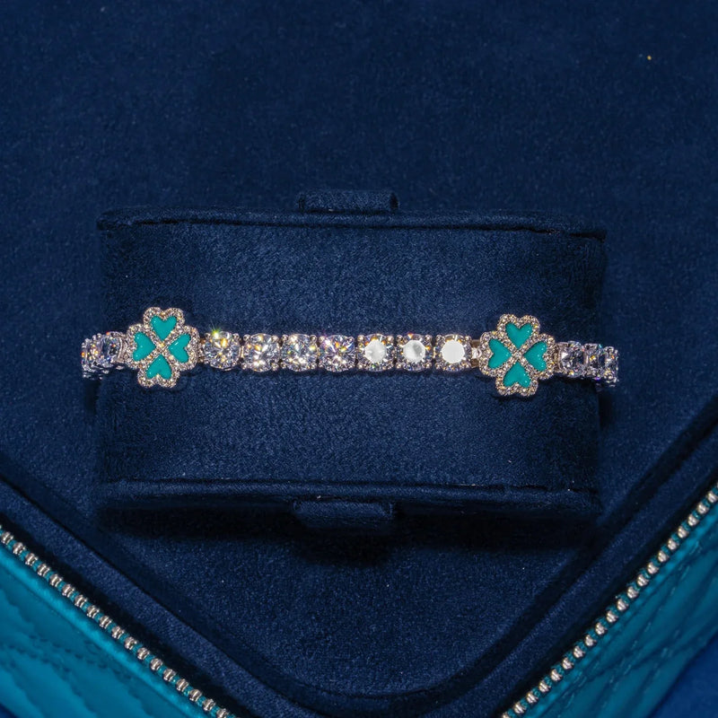 5MM Moissanite Blue Clover Tennis Bracelet in 925 silver with blue clover shapes and clear stones