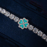 5MM Moissanite Blue Clover Tennis Bracelet with blue clover design and sparkling stones on silver band