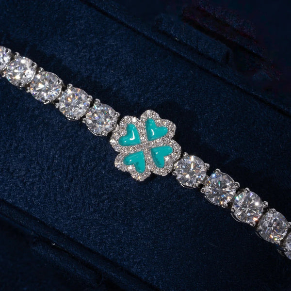 5MM Moissanite Blue Clover Tennis Bracelet with blue clover design and sparkling stones on silver band